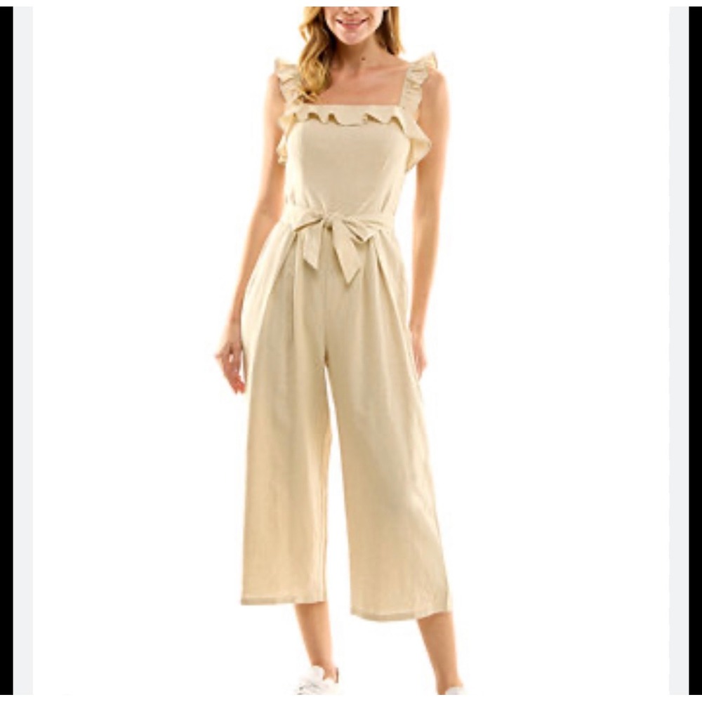 Kingston‎ Grey Beige Jumpsuit Natural Linen  Ruffle Wide Leg Fairycore XL NWT